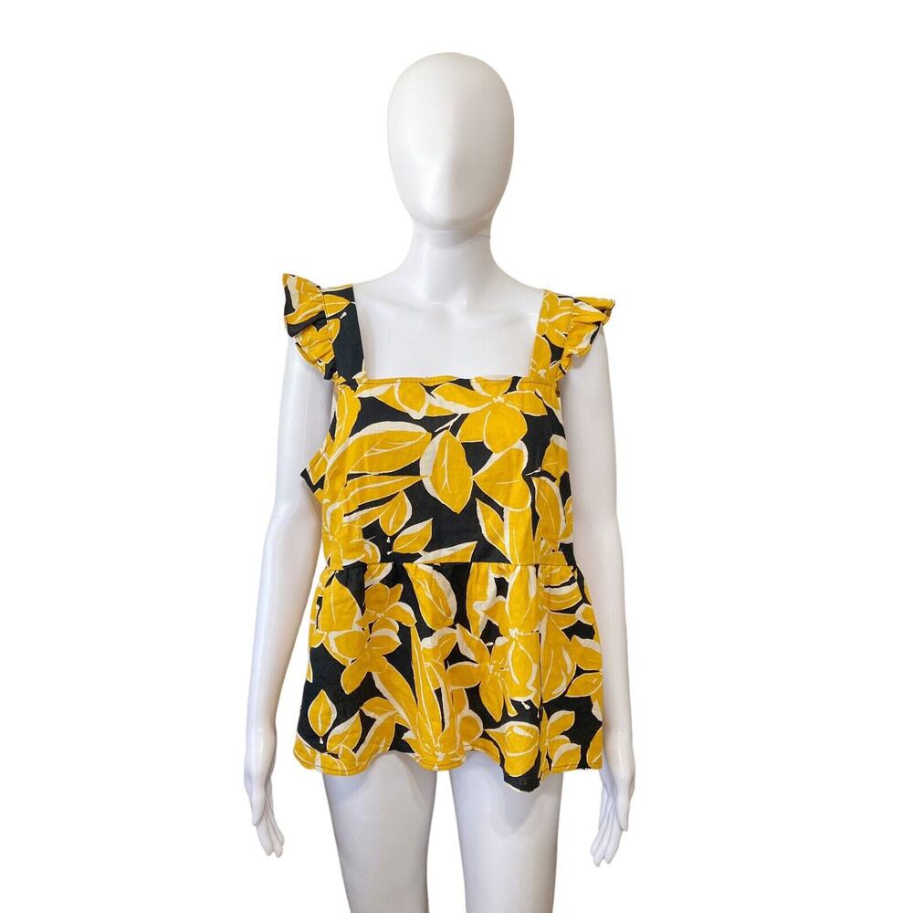 Who What Wear Ruffled Floral Blouse Black Yellow Square Neck Linen Blend New